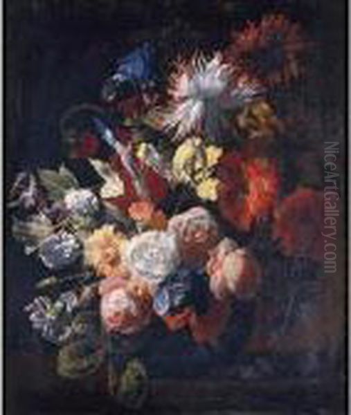 Still Life Of Irises, Poppies, 
Roses, Tulips, Peonies, Snowballs And Other Flowers In A Vase On A Stone
 Ledge Oil Painting by Simon Pietersz. Verelst