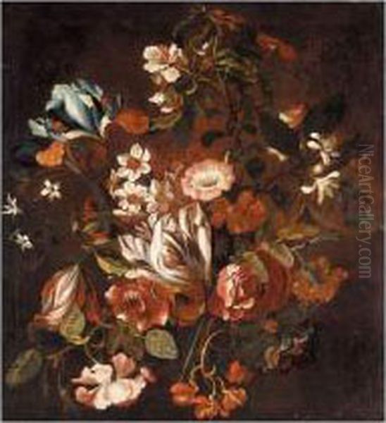 A Still Life With Tulips, 
Narcissi, Morning Glory, Irises, Roses, Orange Blossom And 
Chrysanthemums Oil Painting by Simon Pietersz. Verelst