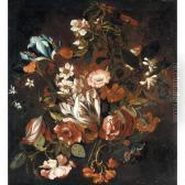 Still Life Of Tulips, Narcissi, 
Morning Glory, Irises, Roses, Orange Blossom And Chrysanthemums Oil Painting by Simon Pietersz. Verelst