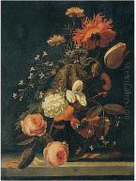 Still Life With Roses, Tulips, 
Carnations, And Other Flowers In A Glass Vase On A Stone Ledge Oil Painting by Simon Pietersz. Verelst