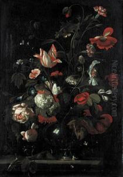 Roses, Tulips, Carnations And Other Flowers In A Glass Vas On A Stone Ledge Oil Painting by Simon Pietersz. Verelst