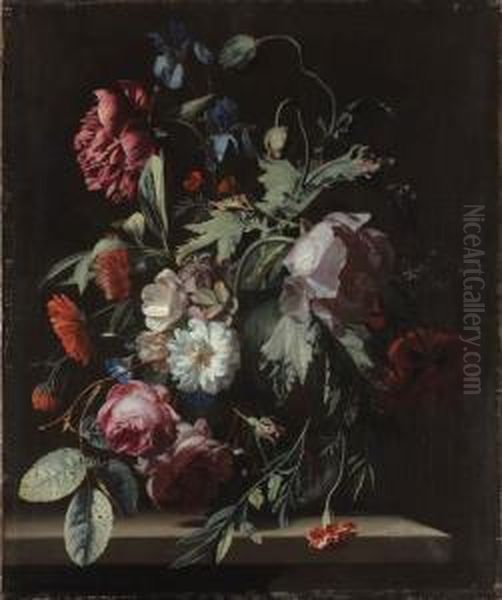 Roses, Irises, Poppies, A 
Paeony, Morning Glory, Carnations And Other Flowers In A Vase, On A 
Stone Table Oil Painting by Simon Pietersz. Verelst