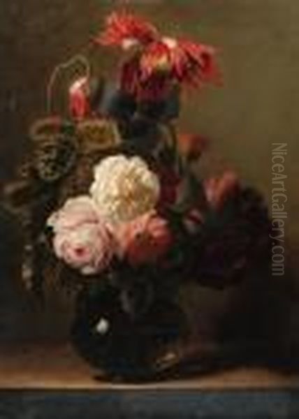 Roses And Peonies In A Glass Vase On A Ledge Oil Painting by Simon Pietersz. Verelst