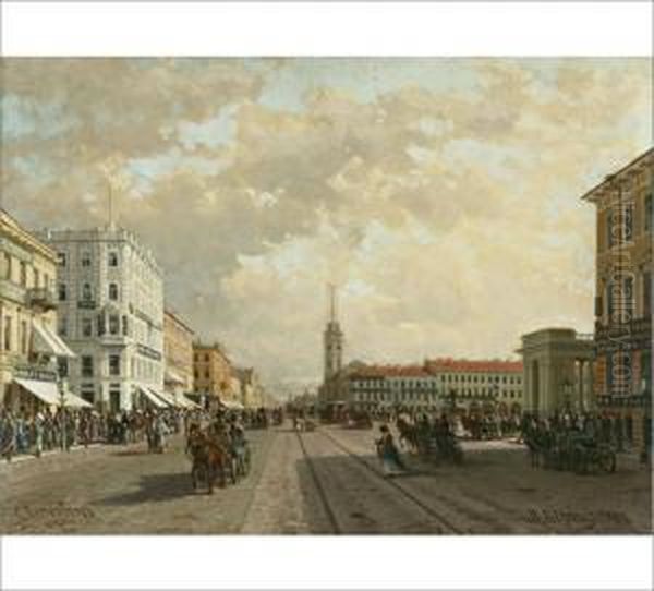 A View Of Nevsky Prospekt In St Petersburg Oil Painting by Petr Petrovich Vereshchagin