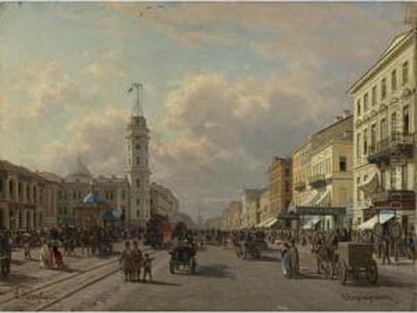 Nevsky Prospect, St. Petersburg Oil Painting by Petr Petrovich Vereshchagin