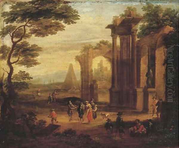 An Italianate landscape with figures strolling and resting by a ruin Oil Painting by Franz Ferg