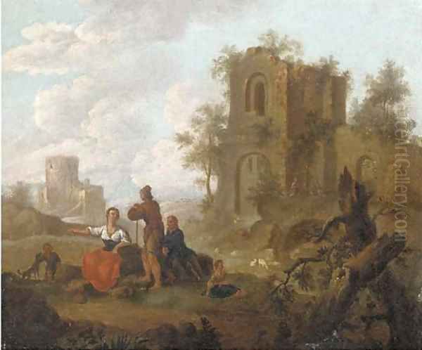 A landscape with figures conversing before ruins; and A river landscape with figures conversing before ruins Oil Painting by Franz Ferg