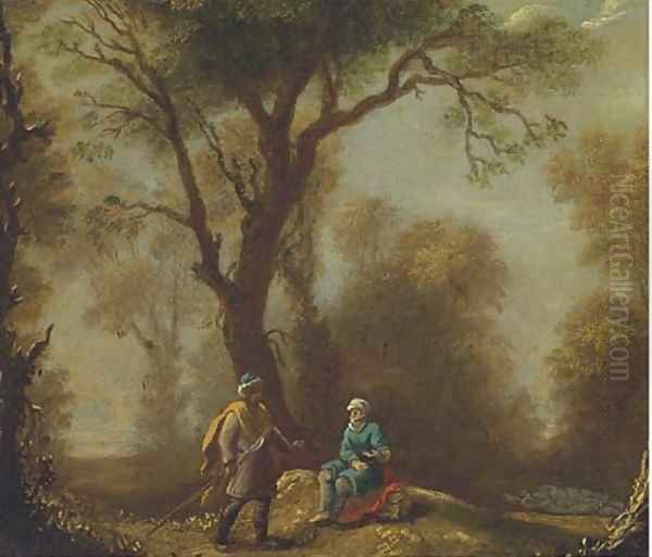 A woodland clearing with travellers on a path Oil Painting by Franz Ferg