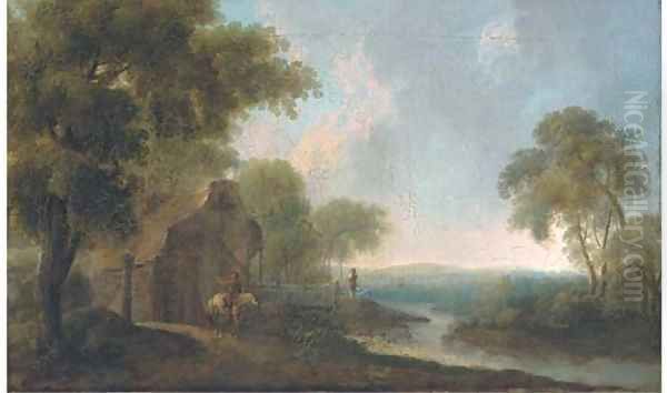 A landscape with travellers on a track by a cottage Oil Painting by Franz Ferg