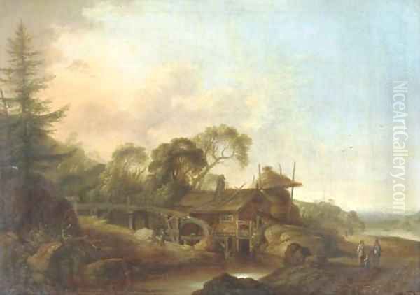 A wooded river landscape with a watermill, figures conversing on a path nearby Oil Painting by Franz Ferg