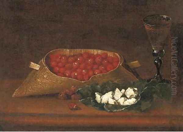 Strawberries and a glass of wine on a wood ledge Oil Painting by Galizia Fede