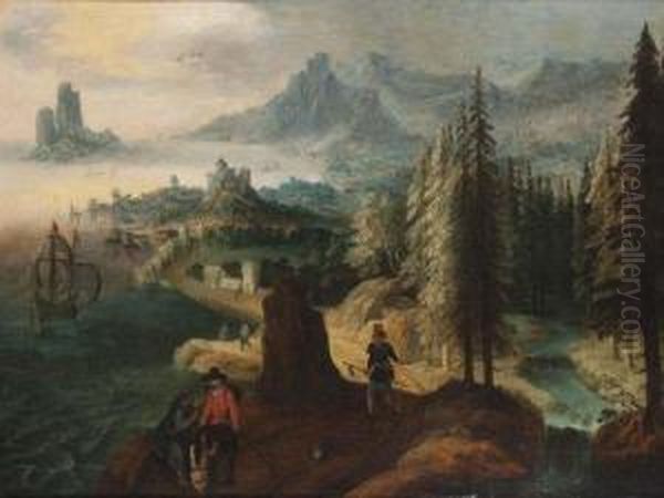 Promeneurs Sur Un Chemin Dominant Un Rivage Oil Painting by Tobias van Haecht (see Verhaecht)