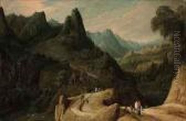 A Mountainous Landscape With Travellers On A Track Oil Painting by Tobias van Haecht (see Verhaecht)