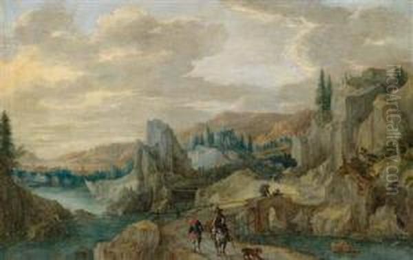 Gebirgslandschaft Mit Zwei Jagern Auf Einerbrucke Und Rastendem Gamsjager Oil Painting by Tobias van Haecht (see Verhaecht)