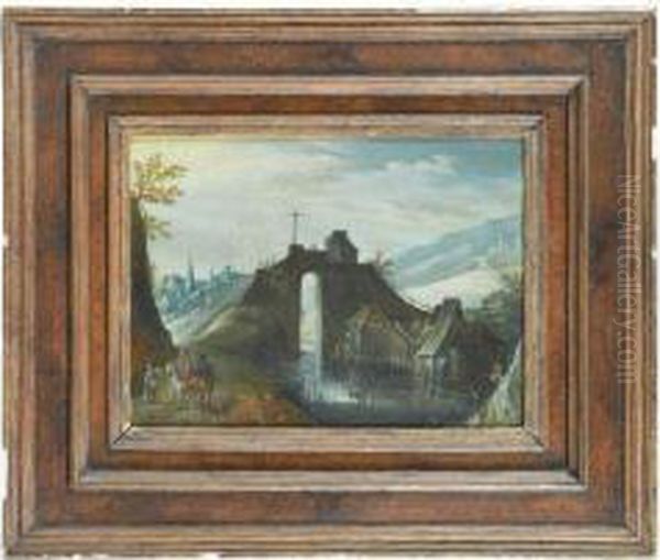 Paysage Montagneux Au Pont Anime De Personnages Oil Painting by Tobias van Haecht (see Verhaecht)