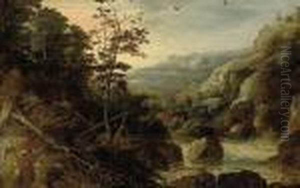 A Wooded River Landscape With A Village Beyond Oil Painting by Tobias van Haecht (see Verhaecht)