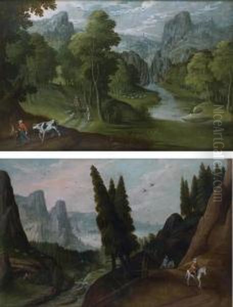 Paysage Montagneux Avec Une Riviere Anime De Cavaliers Oil Painting by Tobias van Haecht (see Verhaecht)