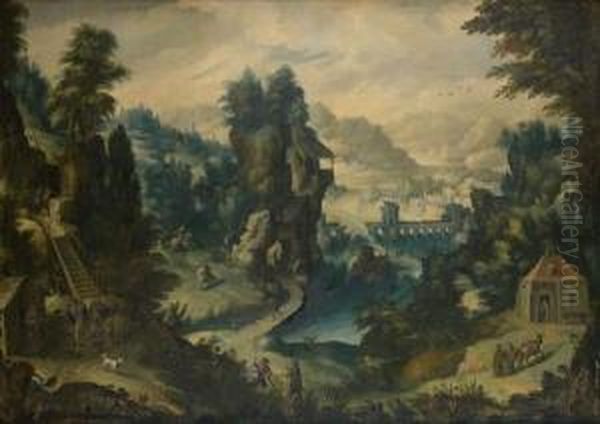 Paysage Montagneux Anime De Chasseurs Oil Painting by Tobias van Haecht (see Verhaecht)