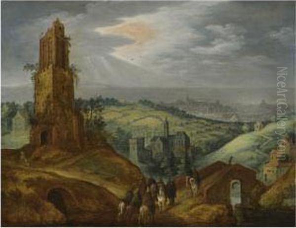 Landscape With Travellers On Horseback Beneath A Ruined Tower, Adistant City Beyond Oil Painting by Tobias van Haecht (see Verhaecht)