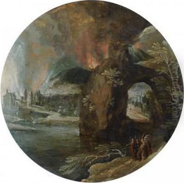 A Mountainous Landscape With 
Travellers In The Foreground Andthe Destruction Of Sodom And Gomorrah 
Beyond Oil Painting by Tobias van Haecht (see Verhaecht)