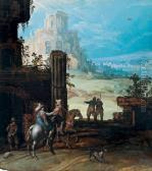 Paesaggio Con Cavalieri E Rovine Oil Painting by Tobias van Haecht (see Verhaecht)