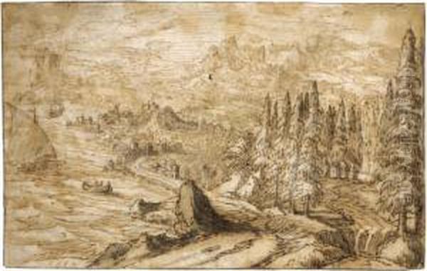 A Mountainous Coastal Landscape Oil Painting by Tobias van Haecht (see Verhaecht)