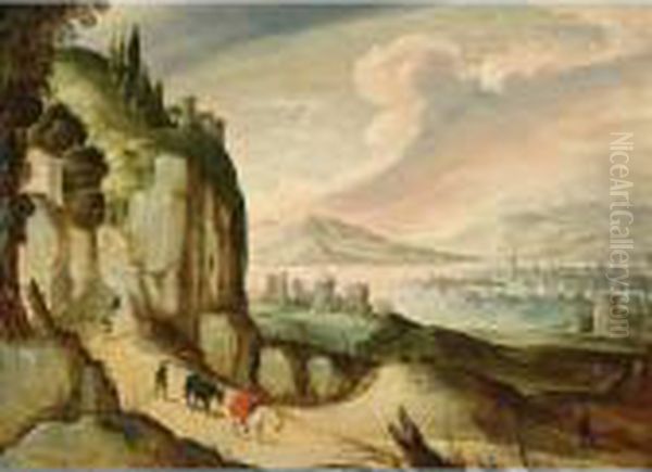 A Panoramic Mountainous 
Landscape With A Traveller And His Donkeys On A Path, A Town Near A Lake
 Beyond Oil Painting by Tobias van Haecht (see Verhaecht)