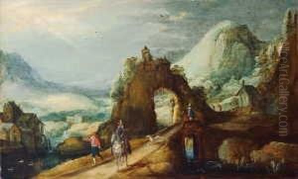 Gebirgslandschaft Mit Einem Felsbogen Und Einem Reiter. Oil Painting by Tobias van Haecht (see Verhaecht)