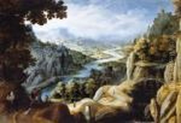 Mountainous River Landscape With Jacob And Laban Oil Painting by Tobias van Haecht (see Verhaecht)