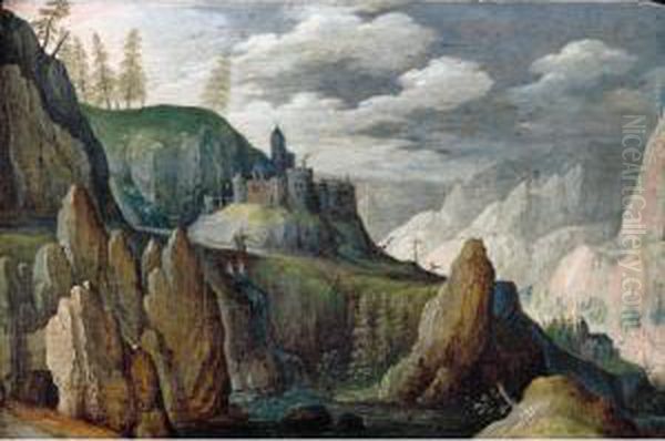 An Extensive Mountainous Landscape With Two Figures Crossing A Bridge, A Castle Beyond Oil Painting by Tobias van Haecht (see Verhaecht)