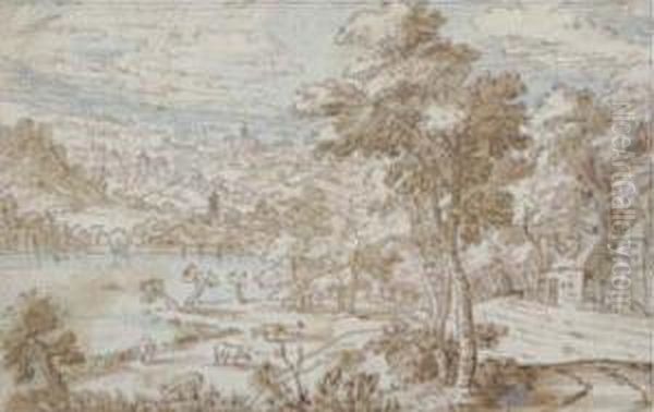 An Extensive River Landscape Oil Painting by Tobias van Haecht (see Verhaecht)