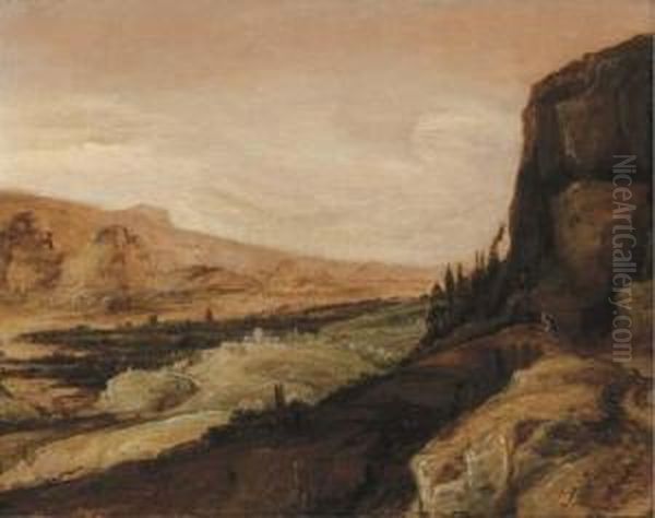 An Extensive Landscape With A Traveller On A Bridge Oil Painting by Tobias van Haecht (see Verhaecht)