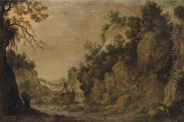 A Rocky Landscape With A Waterfall And Two Figures By A River Oil Painting by Tobias van Haecht (see Verhaecht)