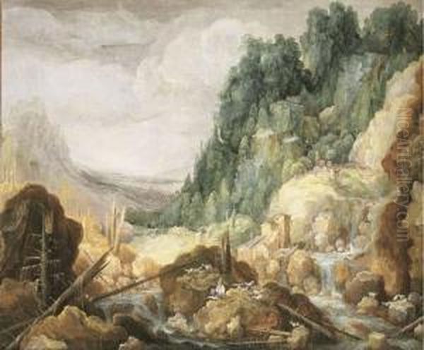 A Mountainous River Landscape 
With A Goatherder Resting On A Rock, A Watermill And A Waterfall Beyond Oil Painting by Tobias van Haecht (see Verhaecht)