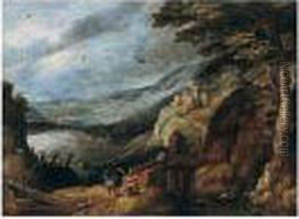 An Extensive Landscape With A 
Rider Giving Alms To A Man Beside A Bridge, A Monastery Beyond Oil Painting by Tobias van Haecht (see Verhaecht)