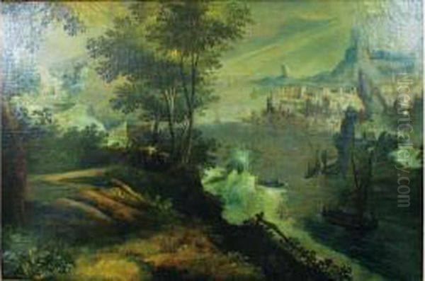 Paysage Panoramique Avec Navires Manoeuvrant Dans Un Golfe; Un Port Au Lointain. Oil Painting by Tobias van Haecht (see Verhaecht)