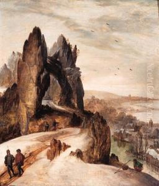 Peasants On A Track In A Mountainous Winter Landscape Oil Painting by Tobias van Haecht (see Verhaecht)