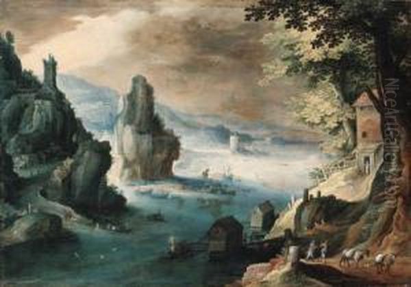 An Estuary With Travellers On A Path Before A House, A Harborbeyond Oil Painting by Tobias van Haecht (see Verhaecht)