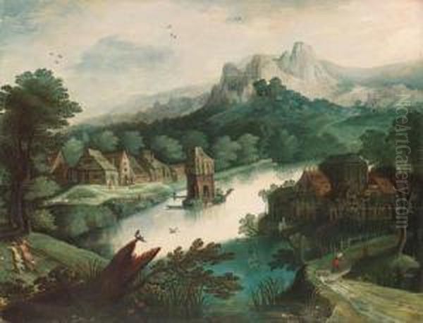 A Wooded River Landscape With Figures By A Village And A Tower Onan Island Oil Painting by Tobias van Haecht (see Verhaecht)