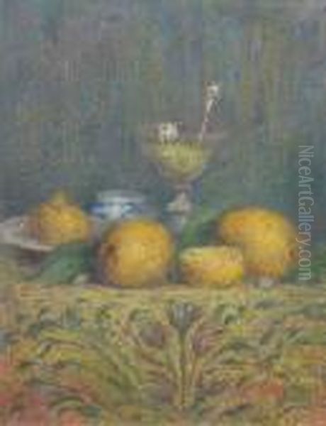 'still Life Study Of Fruit And 
Cocktail Glass', Oil, Signed With Initials And Incribed Verso Panel, 14 Oil Painting by Alfred Verhaeren