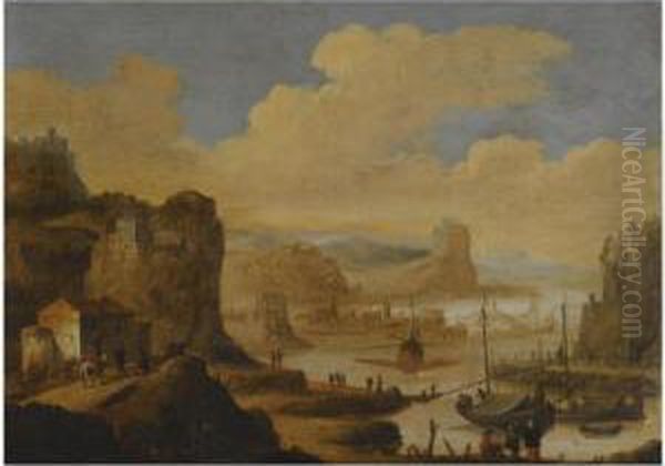 A Mediterranean Harbour Scene 
With Figures On The Shore Near Fishing Barges And A Galley, A View Of A 
Town Along A Coastline Beyond by Dirck Verhaert