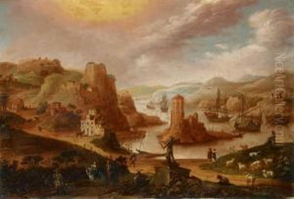 Sudliche Flusslandschaft Mit Merkurstatue Oil Painting by Dirck Verhaert