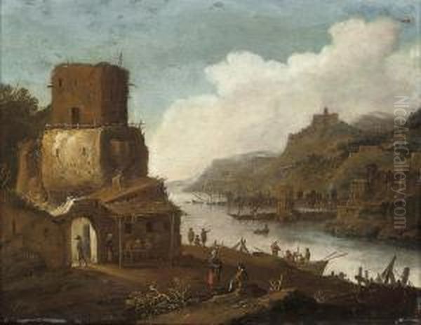 A River Landscape With Figures On A Bank, A Town Beyond Oil Painting by Dirck Verhaert