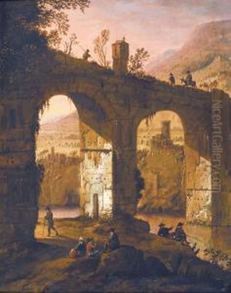 Italian-like Landscape With Figures Near A Bridge Oil Painting by Dirck Verhaert