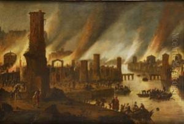 Vista De Una Ciudad Incendiada Oil Painting by Dirck Verhaert