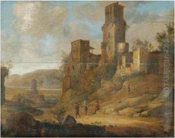 An Extensive River Landscape With Figures Resting Near A Ruined Fortification Oil Painting by Dirck Verhaert