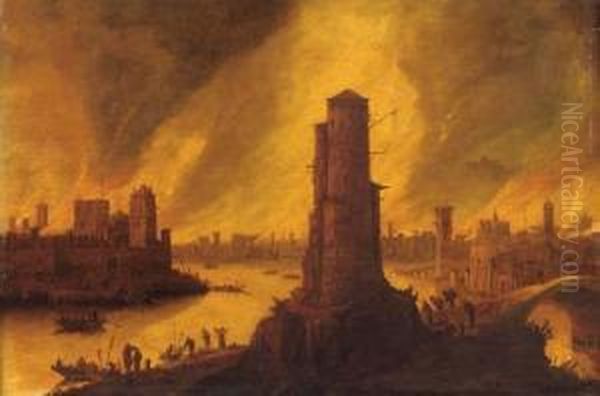 A Burning City By A River With Figures Fleeing In The Foreground Oil Painting by Dirck Verhaert