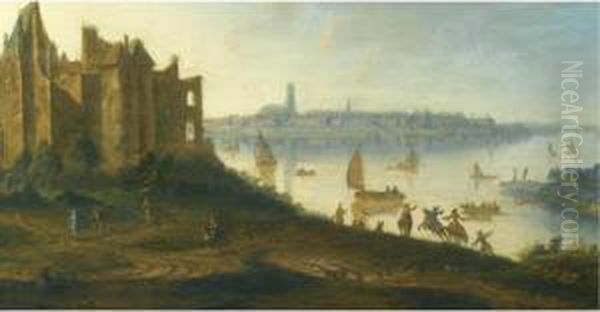 A Dutch River Landscape With A Ruined Castle In The Foreground And A Town Beyond Oil Painting by Dirck Verhaert