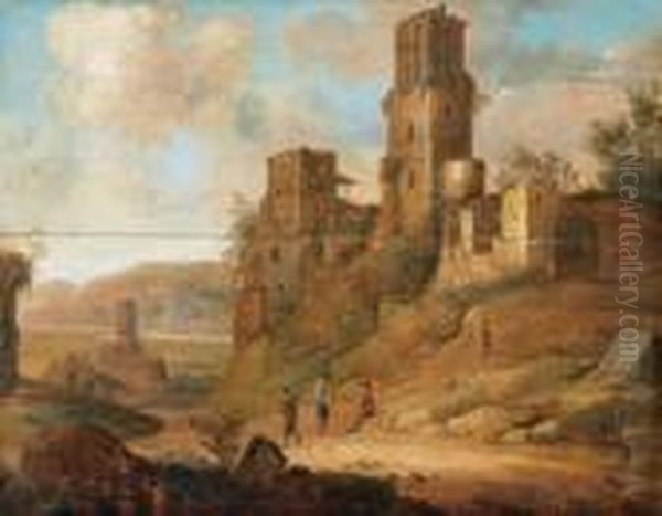 Paesaggio Fluviale Con Una Fortificazione Diroccata E Figure Oil Painting by Dirck Verhaert