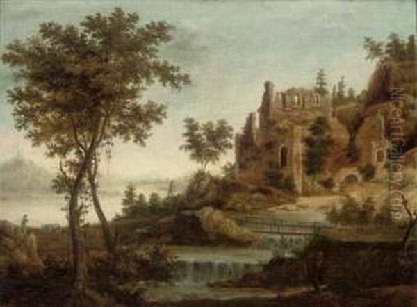 A River Landscape With Figures And Ruins By A Waterfall Oil Painting by Dirck Verhaert